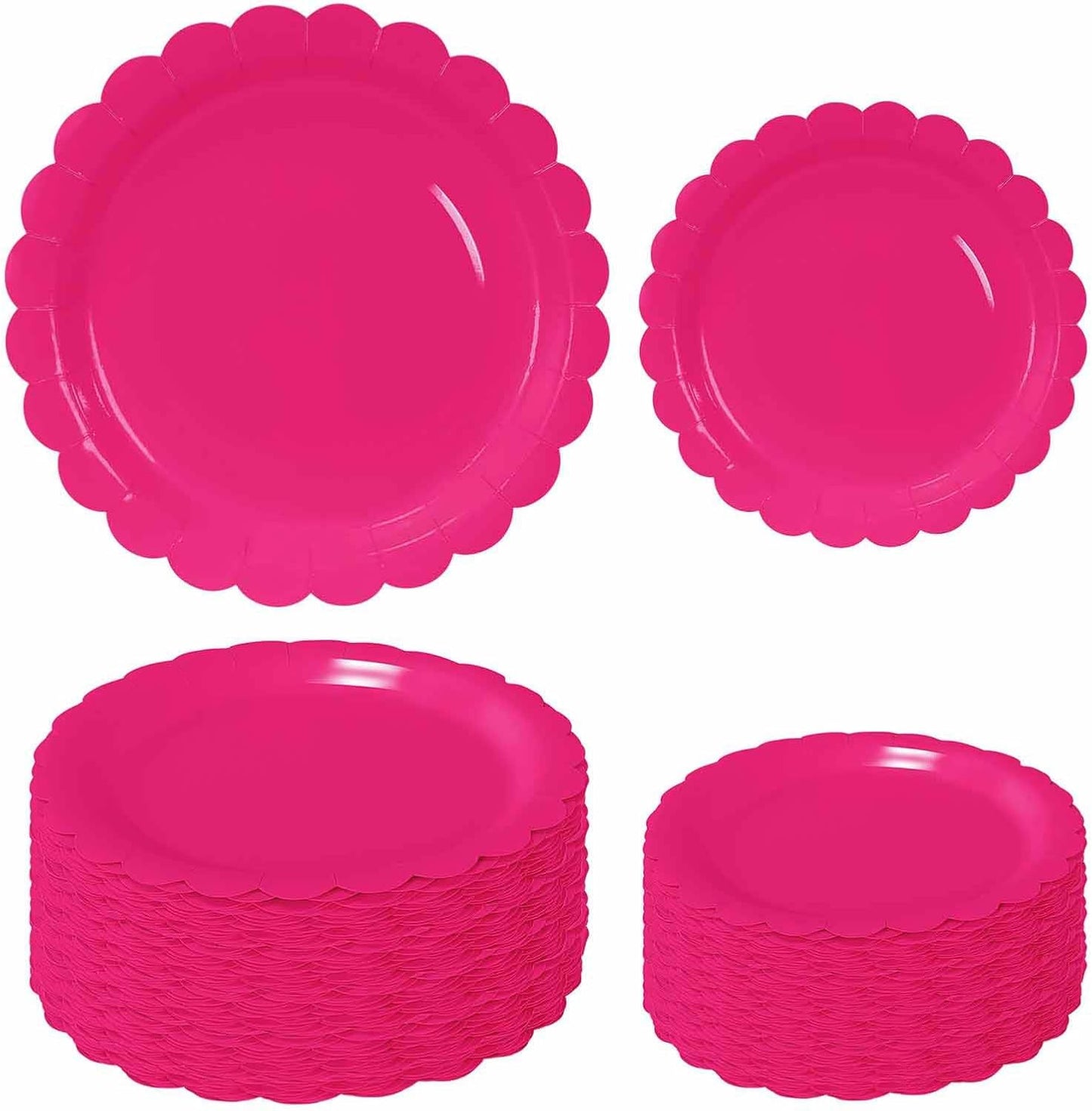 50 Pcs Hot Pink Scalloped Paper Plates 25 × 7'' and 25 × 9'' Disposable Hot Pink Scalloped Dinner Plates for Wedding Baby Shower Birthday Party Disposable Dessert Plate