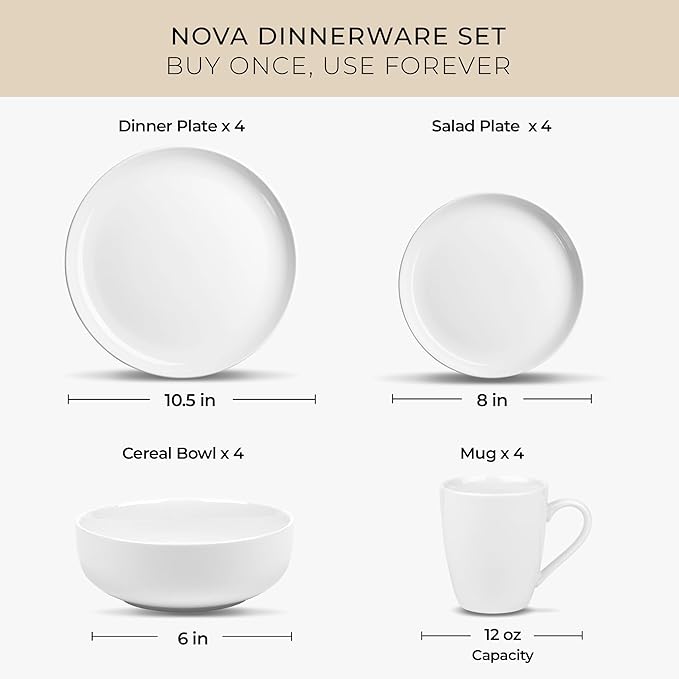 Zulay Kitchen Nova Porcelain Dinnerware Set, Service For 4 - Chip & Scratch Resistant White Plates And Bowls Sets - Microwave & Dishwasher Safe - White