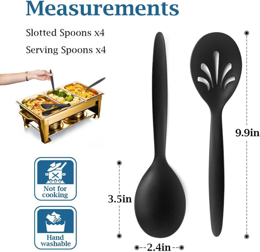8 Pack 10" Large Reusable Plastic Wheat Straw Serving Spoon Set, 4 Serving Spoons & 4 Slotted Spoons, Kitchen Mixing Serving Spoon for Buffet Chafing Dish Catering (Black, Not for Cooking)