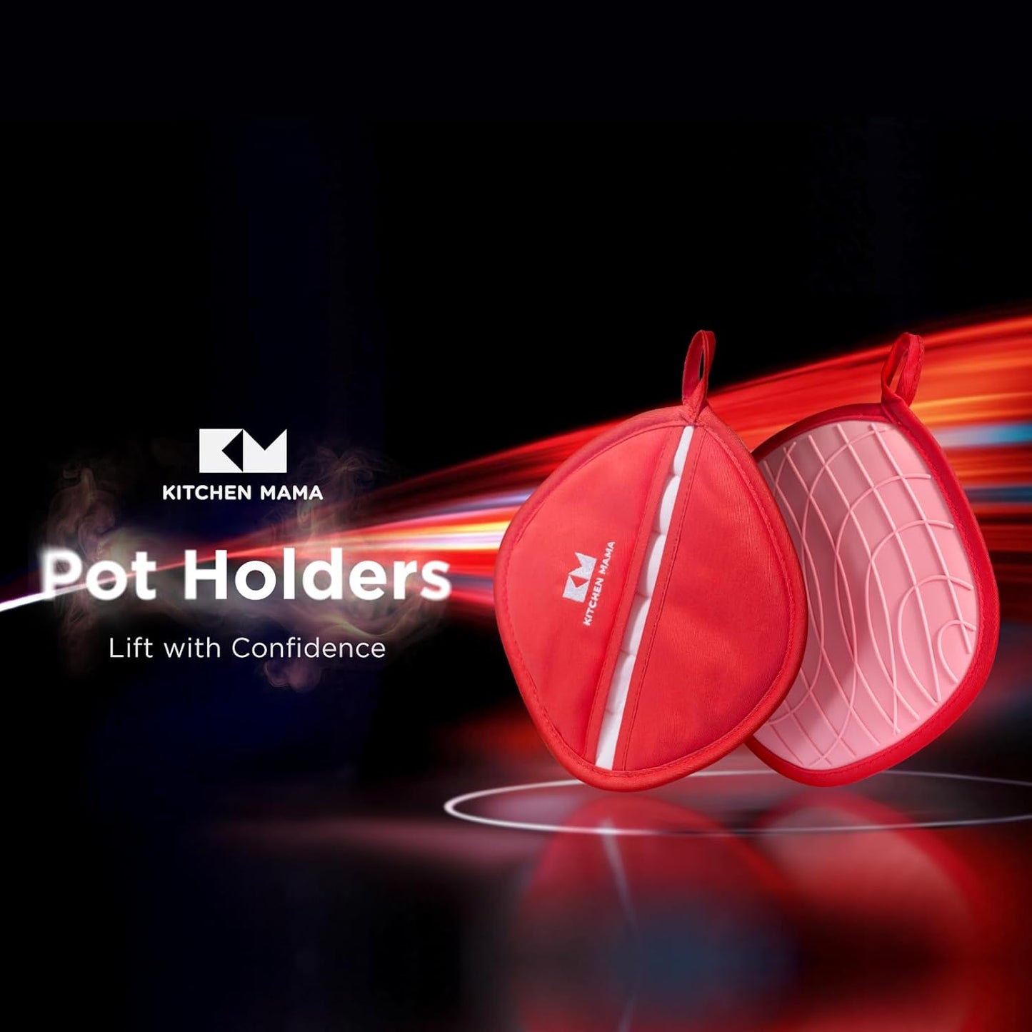 Kitchen Mama Silicone Pot Holders - Heat Resistant, Non-Slip Surface, Dual Pocket Design with Soft Cotton Lining, Safe, Durable, Stylish, Practical for Everyday Use Hot Oven, Bowl, Pan (Red)