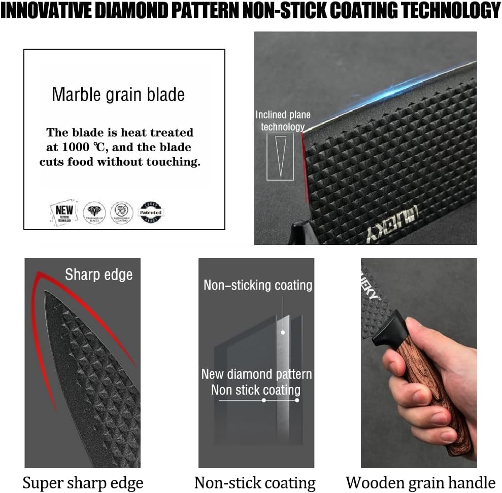 Knife Set, Wiztoynia 6-Piece Black Kitchen Knife Set for Home, Anti-Rust Non-stick Stainless Steel Sharp Chef Knife Set with Universal Knife Block for Kitchen, Ergonomical Design (Black)