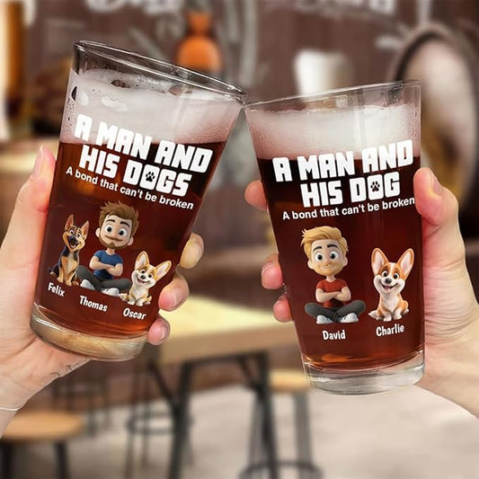 Wrappiness Best Mom Dad Logo Personalized Custom Beer Glass - 16oz Glassware for Beer Soda Cocktails - Gift for Dog Lovers, Father's Day, Birthday Gift for Parents (B03, 3 Dogs)