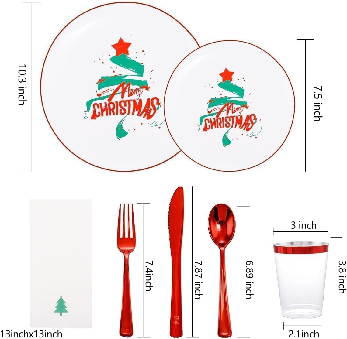 WDF 175pcs Christmas Plates Dinnerware - 25 Guests Unquie Desgin Red Plastic Plates with Green Christmas Tree Pattern, Red Plastic Cutlery, Clear Red Cups and Christmas Tree Napkins