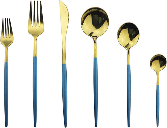 JASHII 18/10 Silver Silverware Set Stainless Steel Flatware Utensils Set Gold Cutlery Set| 24-Piece Modern Cubiertos Dorados| BEST Birthday Wedding Gift (4 sets, Blue Handle Gold Mirror Polish)