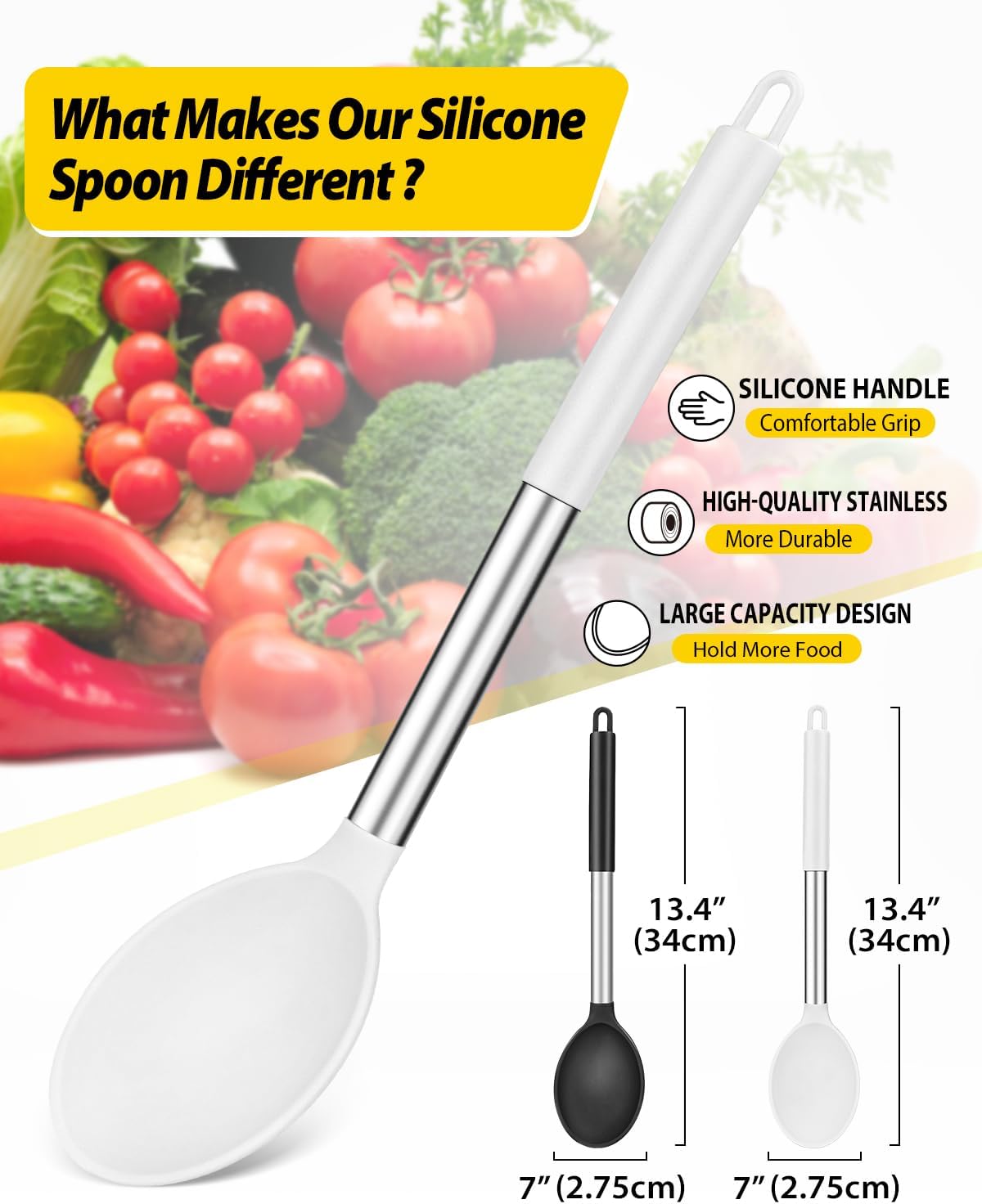 Pack of 2 Large Silicone Cooking Spoon Non Stick Solid Basting Spoons Heat-Resistant Kitchen Utensils for Mixing Serving (Black-White)