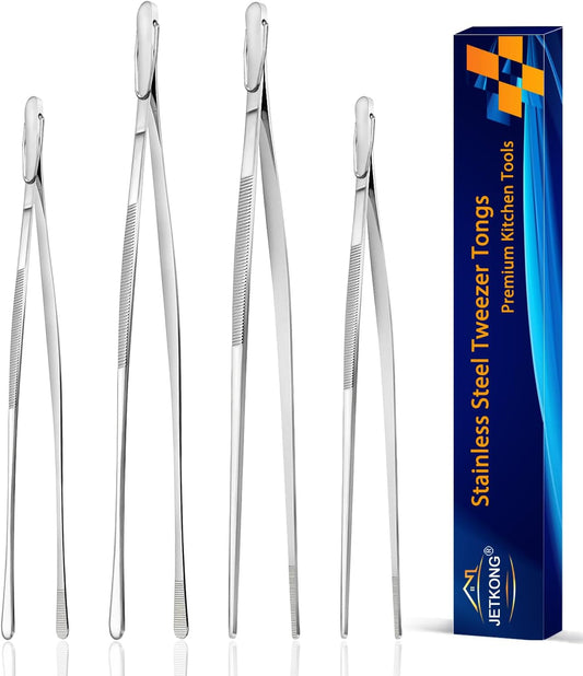 JETKONG 4 Pcs Kitchen Tweezers, 12'' and 10'' Stainless Steel Cooking Tweezers Set, High-Precision Tweezer Tongs for Cooking, Repairing, Seafood and BBQ (Silver)