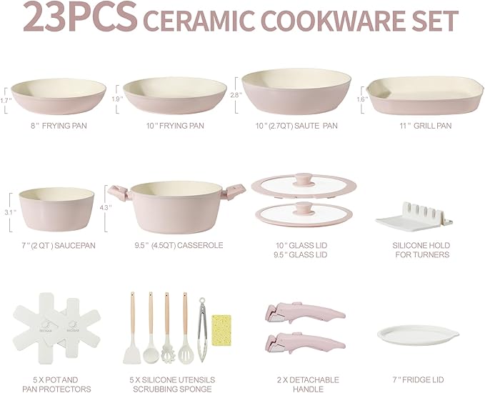 23pcs Ceramic Pots and Pans Set, Nonstick Detachable Handle Cookware, Induction Kitchen Cooking Set with Removable Handle,include Frying Pans & Saucepans Oven Safe(Pink)