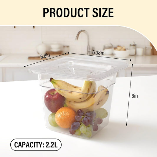 4 Pack Plastic Food Pans with Lids,1/6Size 6 Inch Stackable Restaurant Clear Food Storage Containers,Polycarbonate Commercial Hotel Pans for Fruits Vegetables Beans Corns(4Pack 6" Deep)