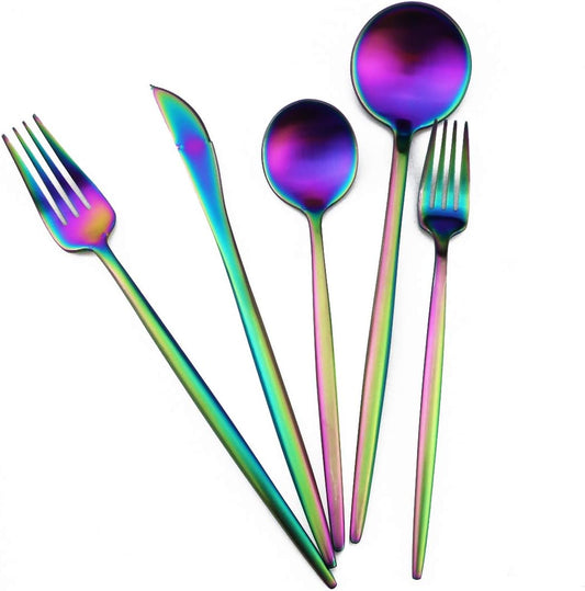 Matte Rainbow Silverware, Gugrida 5-Piece 18/10 Stainless Steel Flatware Set, Satin Finish Kitchen Utensils, Tableware Travel Cutlery for Camping, Office or School Lunch, Dishwasher Safe