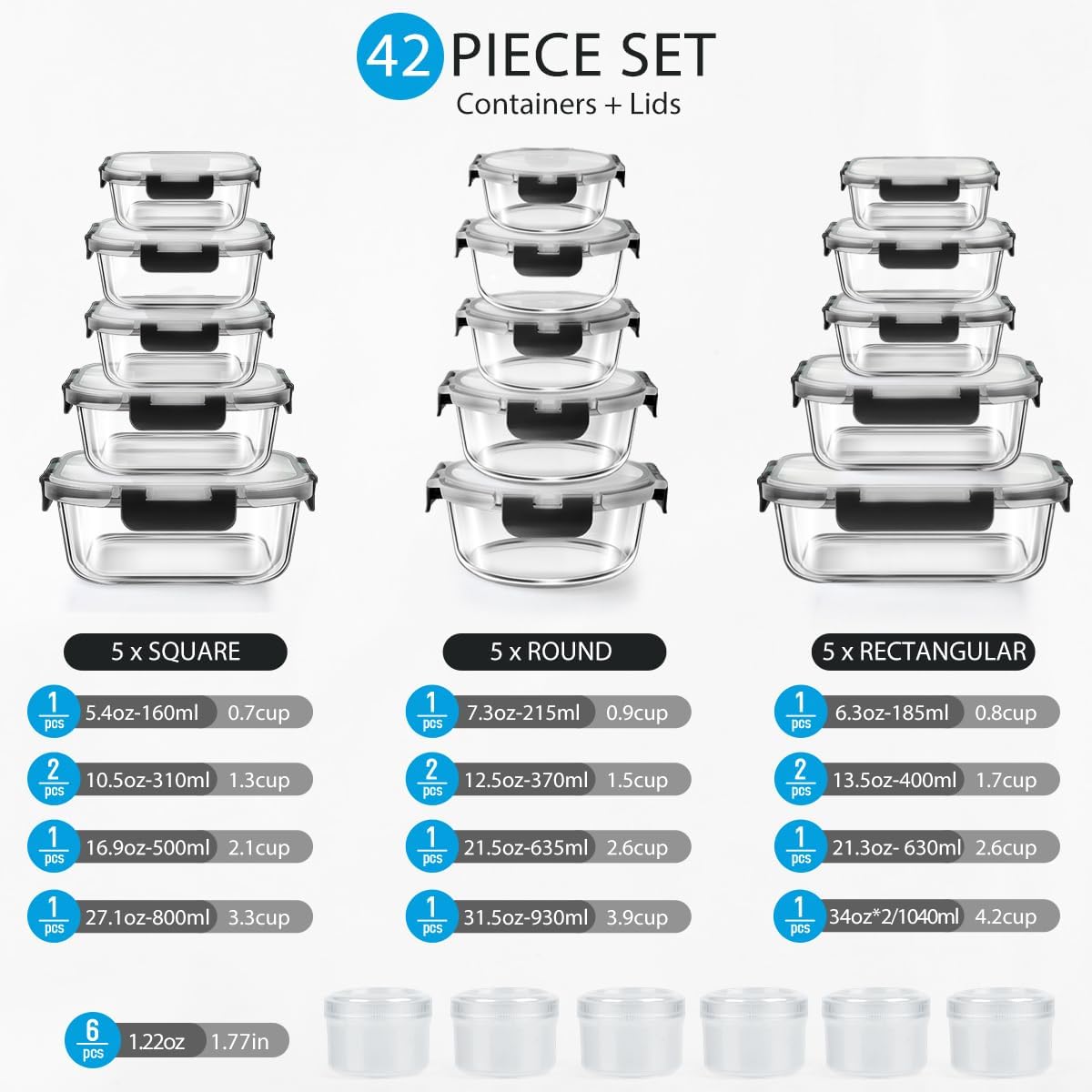 42pcs Glass Food Storage Containers with Snap Locking Lids Set, Glass Meal Prep Containers (21 Container & 21 Lids),Leak Proof Lunch Containers BPA-Free,Black