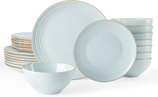 Famiware Jupiter Dinnerware Set, Plates and Bowls Dish Sets for 8 (24 Pieces), Microwave and Dishwasher Safe Stoneware Speckled Tableware, Chip and Scratch Resistant, Light Blue