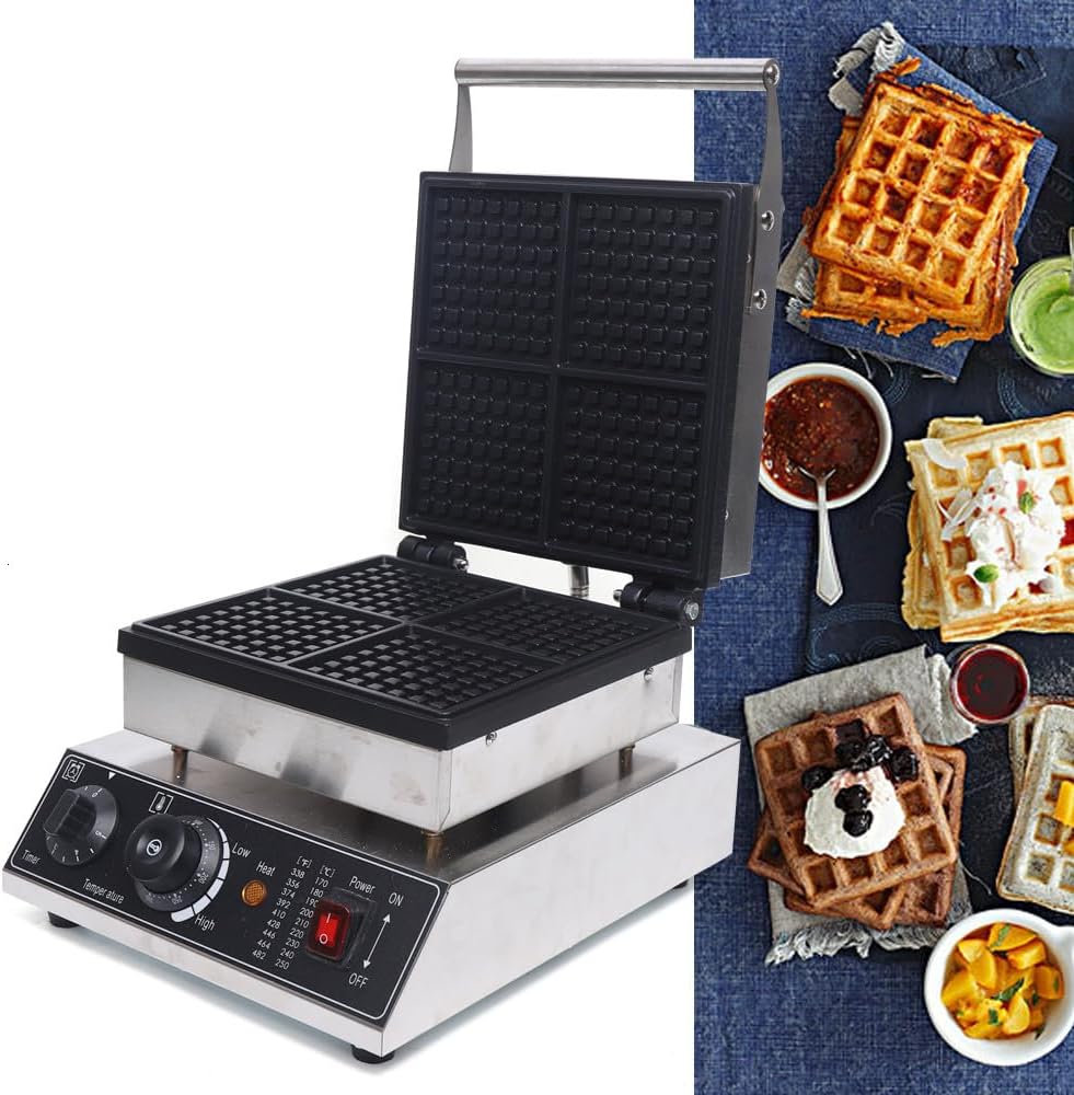 110V Commercial Waffle Maker 4Pcs Nonstick 1750W Electric Waffle Machine Stainless Steel Waffle Maker Suitable for Bakeries Snack Bar Family