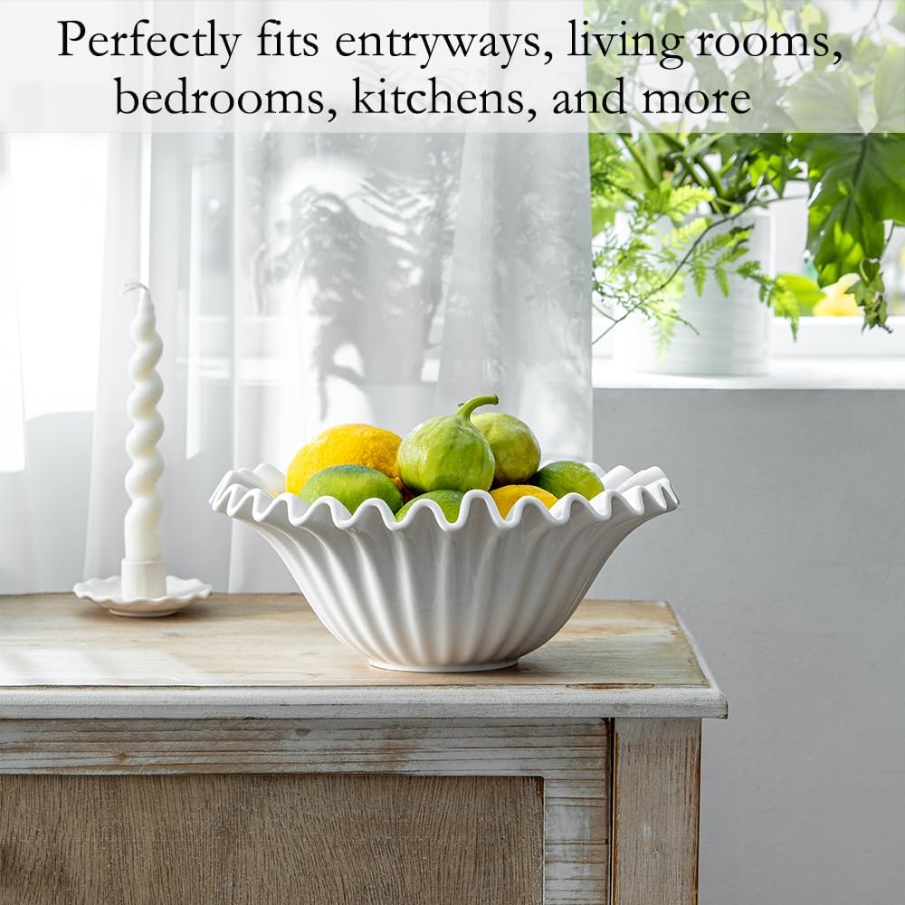 Large Decorative Bowl, 10 inches Porcelain Fruit Bowl for Kitchen Counter HandCrafted Ruffle Bowl for Home Decor Stylish Flower Dish for Party, White