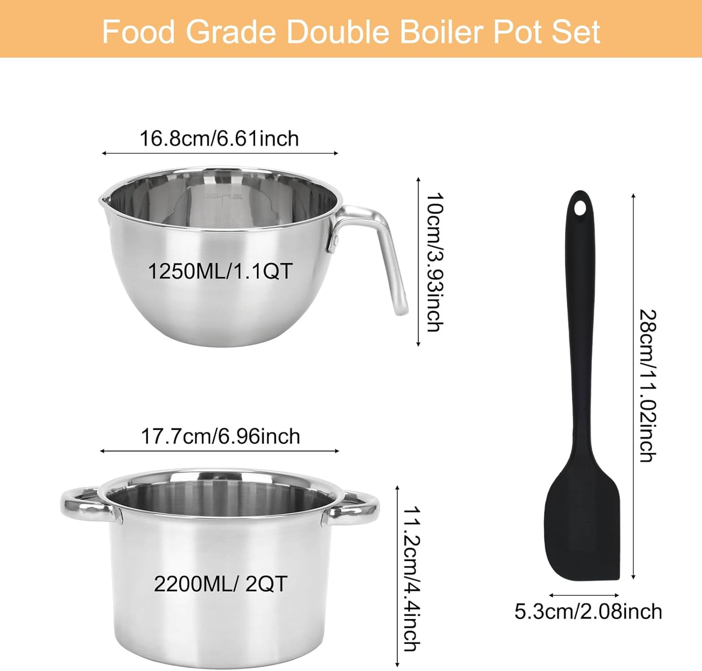 3PCS Double Boiler Pot Set, 1250ML/1.1QT Mixing Bowl with Scale 2200ML/ 2QT Stainless Steel Heating Pot with Silicone Spatula for Cheese Chocolate Candy Candle Soap Wax Melting (1250ml+2200ml)