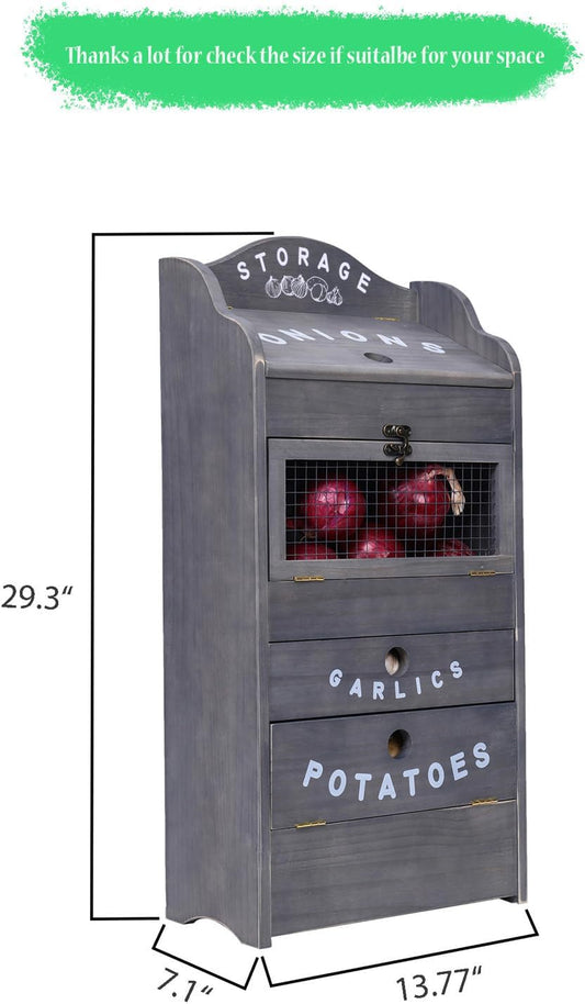 ARTAWEIN Potato Storage Bin Wall-mountable Potato Box with Lid Rustic and Garlic Drawer Onion Organizer with Grocery Section Decorative Vegetable Organization Cabinet for Kitchen
