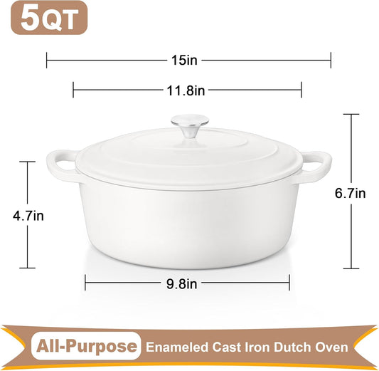 E-far 5QT Oval Dutch Oven Pot with Lid, Enameled Cast Iron Dutch Oven with Dual Handles for Sourdough Bread Baking Cooking, Nonstick Enamel Coated Cookware(White), Non-Toxic & Easy Clean