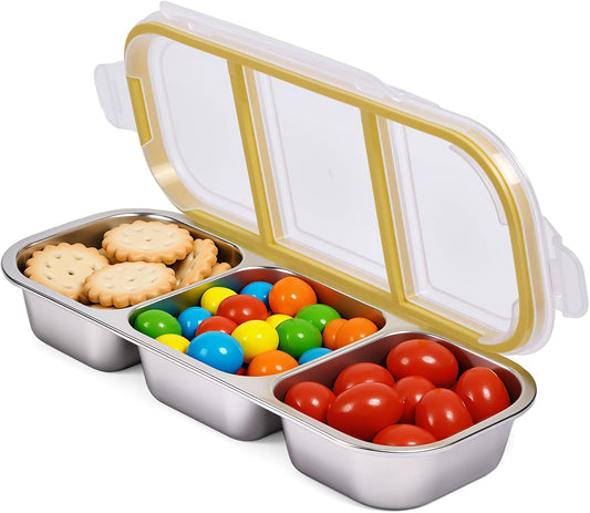 Stainless Steel Snackle Box - 3Compartment Bento Box for Kids & Adults, Reusable Food Storage Containers with Lids, Lunch Box for School (Yellow)