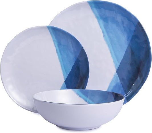 Melamine Plates and Bowls Set - 12pcs Dinnerware Dishes Set for 4, Dinner Plates for Indoor and Outdoor Use, Lightweight Break-resistant, Blue & White