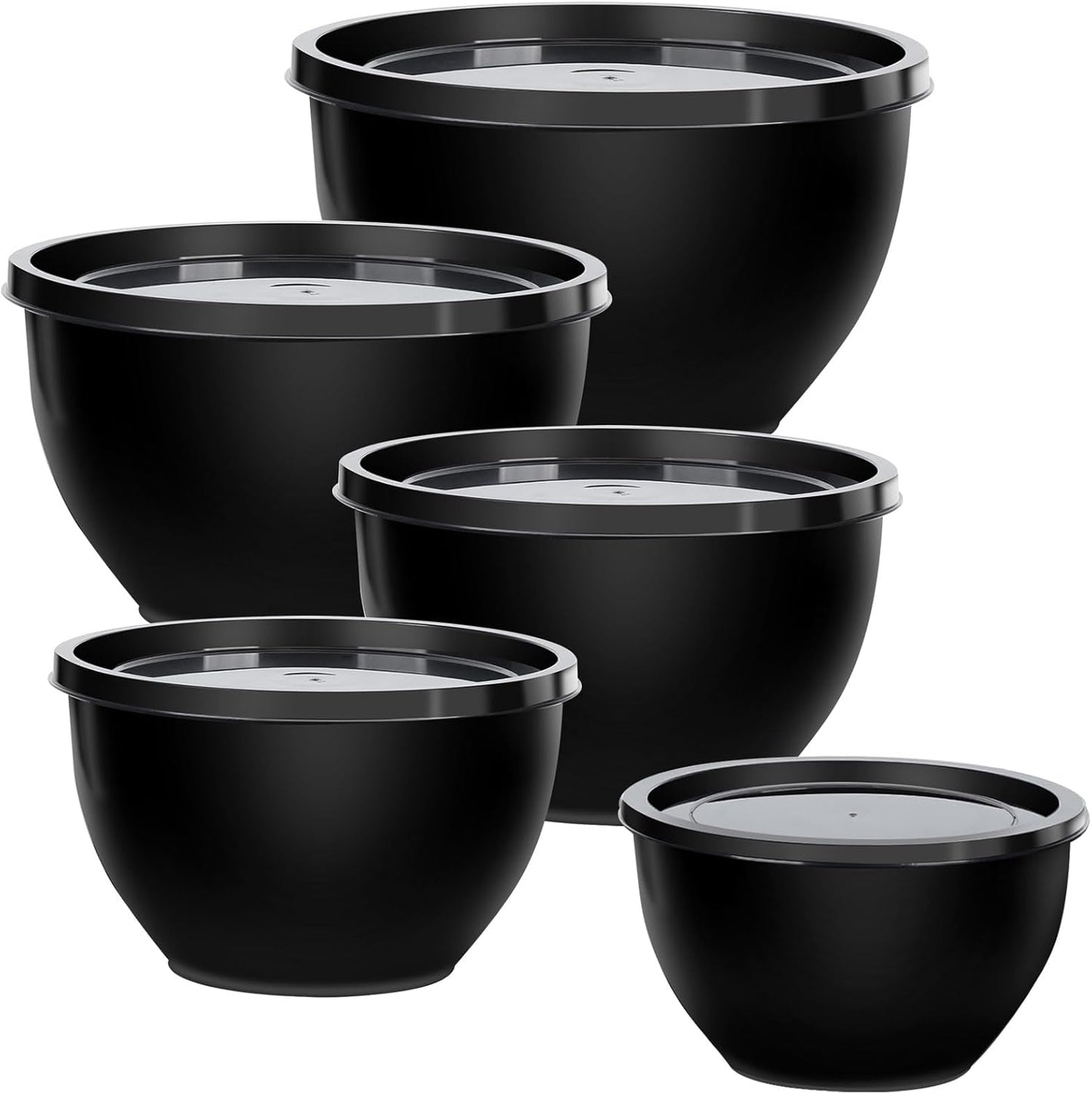 5-Piece Plastic Mixing Bowls with Lids Set for Kitchen, Nesting Bowls for Mixing, Baking, Prepping, Cooking and Serving Food, Black Mixing Bowls Dishwasher, Microwave Safe