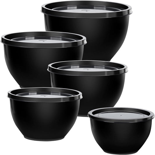 5-Piece Plastic Mixing Bowls with Lids Set for Kitchen, Nesting Bowls for Mixing, Baking, Prepping, Cooking and Serving Food, Black Mixing Bowls Dishwasher, Microwave Safe