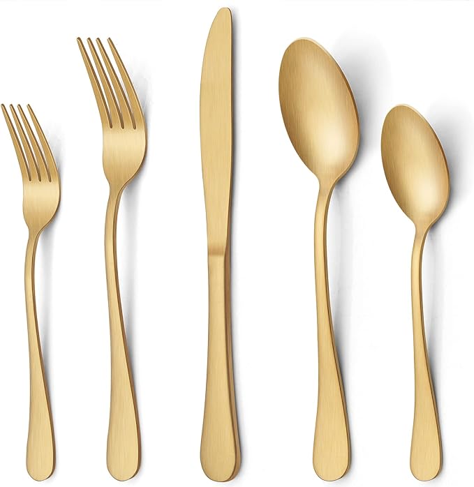 LIANYU 20 Piece Matte Gold Silverware Set, Stainless Steel Gold Flatware Cutlery Set for 4, Fancy Kitchen Utensil Tableware for Home Restaurant Party, Satin Finish, Dishwasher Safe