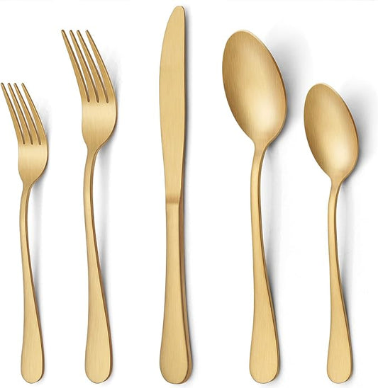 LIANYU 20 Piece Matte Gold Silverware Set, Stainless Steel Gold Flatware Cutlery Set for 4, Fancy Kitchen Utensil Tableware for Home Restaurant Party, Satin Finish, Dishwasher Safe