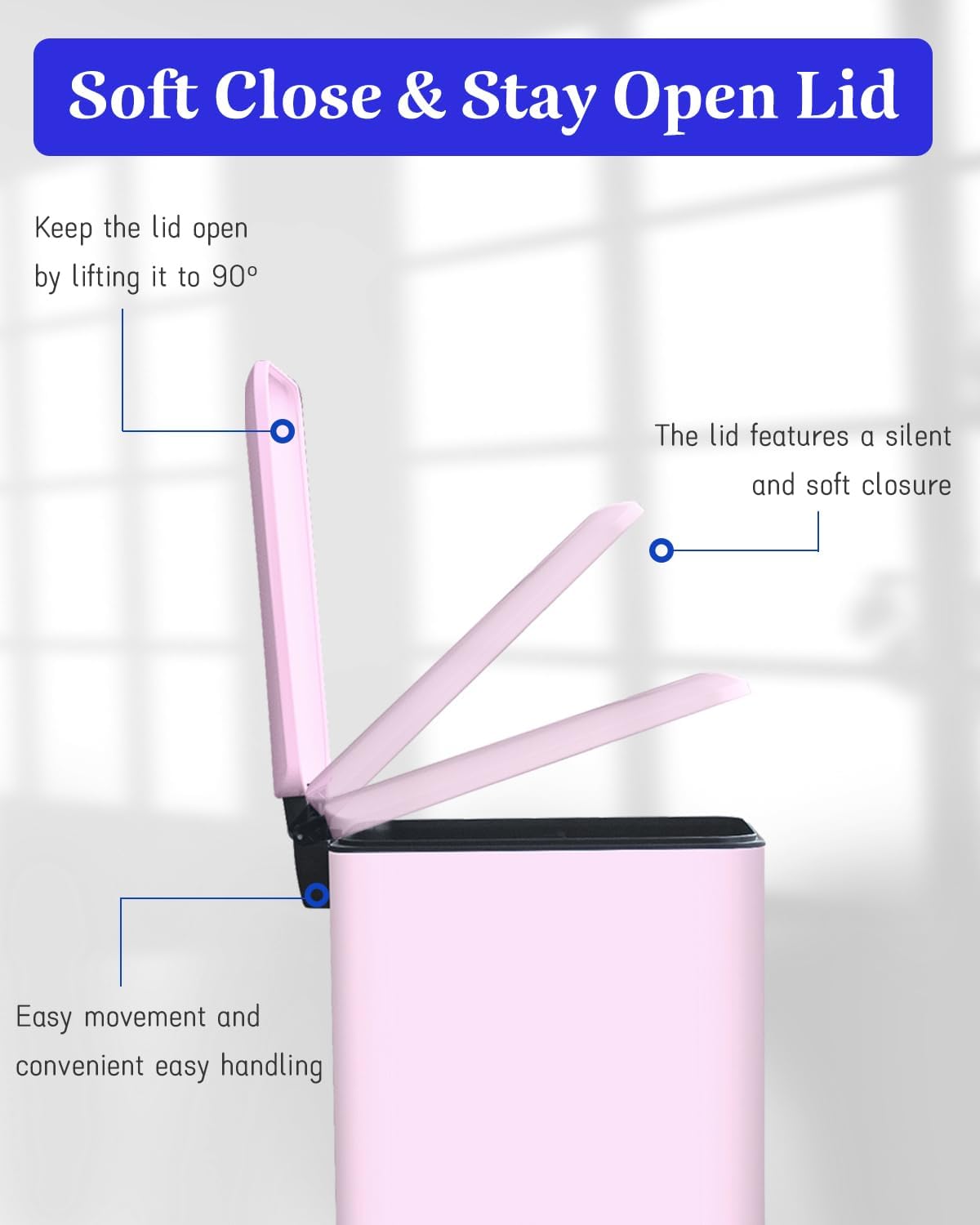 Bathroom Trash Can with Lid, 16.7L/ 4.4 Gallon Trash Can with Removable Inner Bucket, Soft Close lid, Stainless Steel Step Pedal Garbage Can for Bathroom, Kitchen, Home Office, Pink