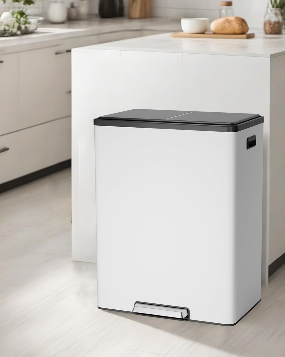 Garvee Dual Trash Can for Recycling and Trash, Stainless Steel Kitchen Trash Can with Lid and Foot Pedal, Double Compartment Garbage Can, with Recycling Bin