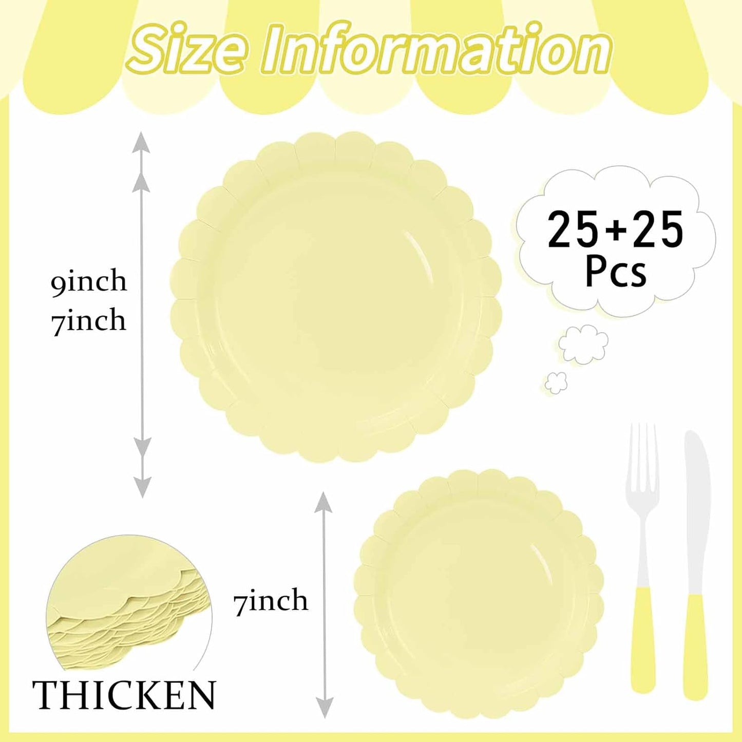 50 Pcs Yellow Scalloped Paper Plates 25 × 7'' and 25 × 9'' Disposable Yellow Scalloped Dinner Plates for Wedding Baby Shower Birthday Party Disposable Dessert Plate