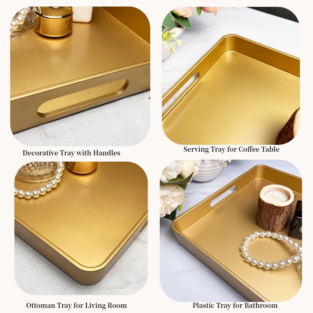 Gold Decorative Tray, Serving Tray with Handles, Plastic Rectangular Tray for Ottoman Coffee Table, Bathroom, Living Room. 15.7"*10.2"