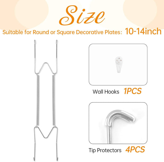 Plate Hangers for The Wall, Suitable for 10-14 inch Decorative Plate, Stainless Steel Wire Plate Holder with Wall Hooks and Rubber tip Protectors, Plate Hangers for Displaying Plates, Platter, Silver