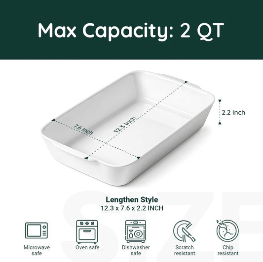 2 QT Small Ceramic Baking Dish, White Casserole Dish with Roasting Racks, Lasagna Pan for Oven, Ceramic Baking Pan, Kitchen Decor, Microwave Oven Safe, Dinner, Wedding (7.6" x 12.3")