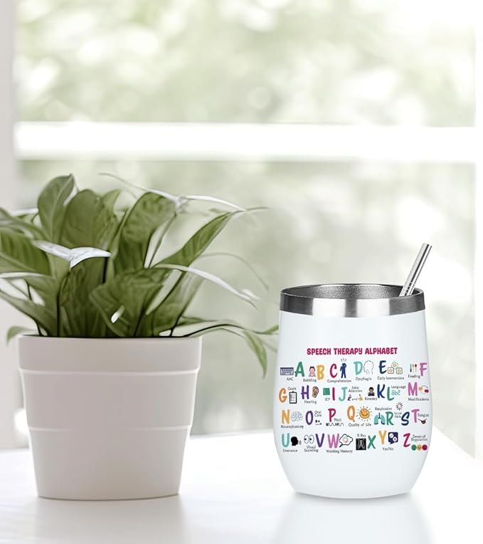 Speech Therapy Gifts Wine Tumbler, Christmas Birthday Gifts for Speech Language Pathologist, SLP, Therapist,Teacher Coworkers Coffee Cup Insulated Stainless Steel 12oz Wine Glass with Lid, Straw