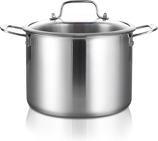 DELARLO Tri-Ply Stainless Steel Soup Pot 12QT, Tri-ply Big Pots for Cooking, 18/10 whole clad Stainless Steel Pot, Fast Even Heat, 12 QT Stock cookware with Lid, Pasta Pot, Induction Ready Up to 600℉