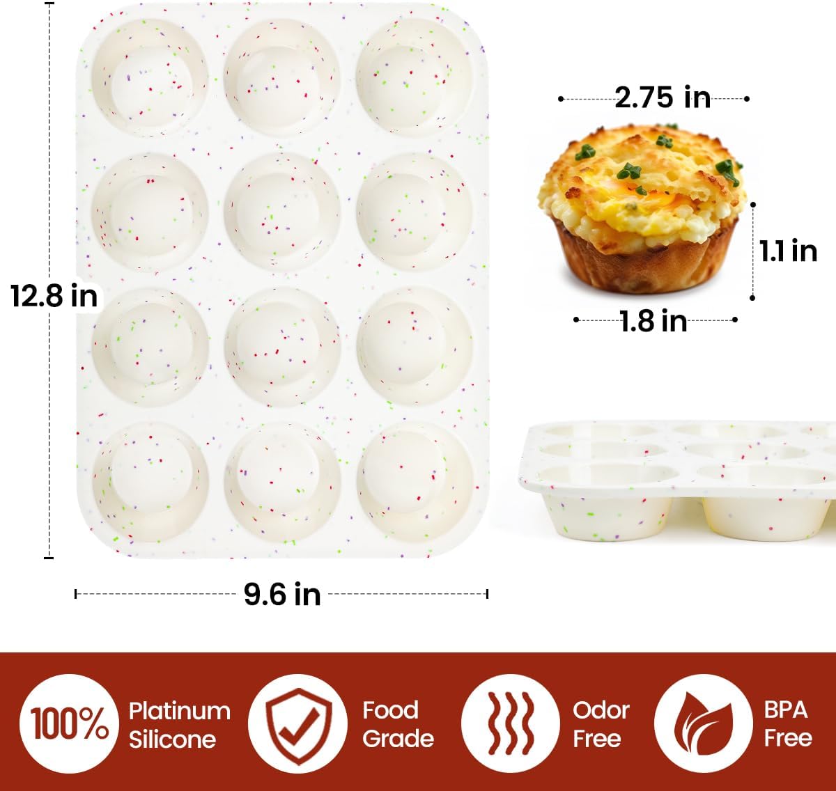 CAKETIME Silicone Muffin Pan, Cupcake Pan 12 Cups Regular Size Muffin Tin Non Stick Muffin Pan for Baking Banana Muffin, Cupcake, Egg Muffin 2 Pack Confetti