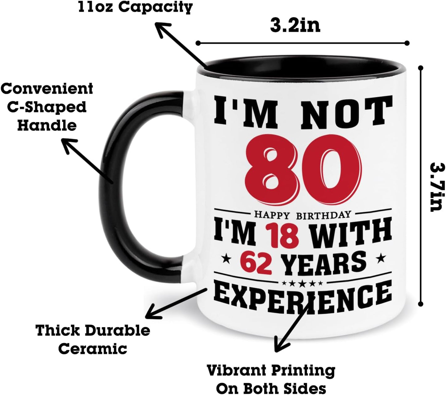 80th Birthday Coffee Mug, 80 year old Birthday Gift Ideas for Men Women Her Him, Red Black 11oz