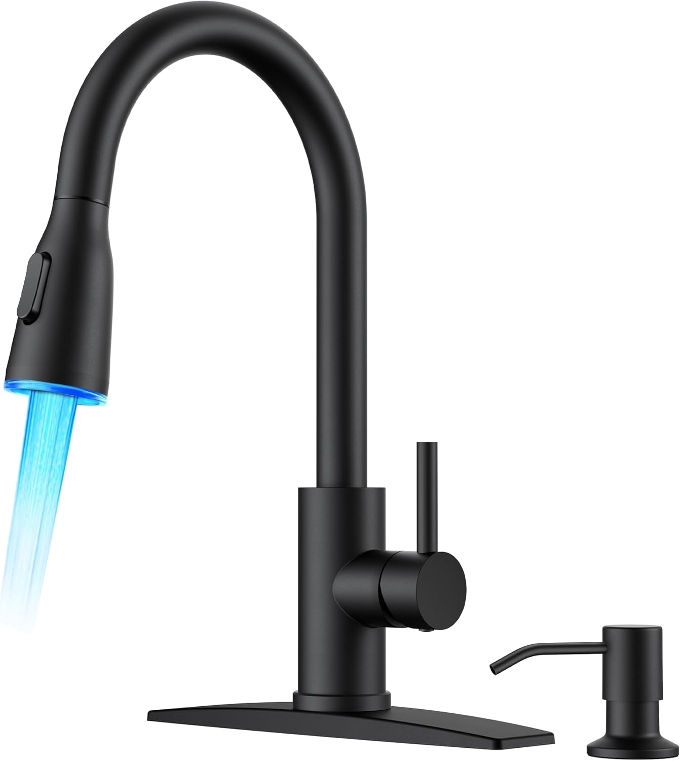 FORIOUS LED Kitchen Faucet with Soap Dispenser and Pull Down Sprayer, Matte Black High Arc Single Handle 3 Modes Stainless Steel Bar Faucet for Kitchen Sink RV Laundry Camper