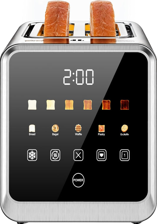 Touch Screen Toaster 2-Slice with 1.5" Wide Slots & Memory Recall | 900W Stainless Steel Smart Digital Toasters | 6 Shade Settings for Bagels & Thick Bread