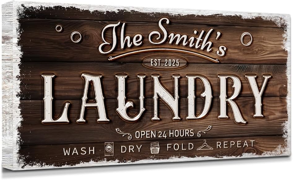 IPIC - Personalized Laundry Room Sign, Custom Canvas Wall Art with Family Name, Rustic Home Decor Printed Acid-Free Cotton Canvas for Business and Home, Made in USA and Ready to hang for Laundry Decor