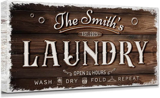 IPIC - Personalized Laundry Room Sign, Custom Canvas Wall Art with Family Name, Rustic Home Decor Printed Acid-Free Cotton Canvas for Business and Home, Made in USA and Ready to hang for Laundry Decor