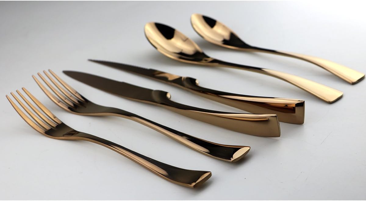 Rose Gold Stainless Steel Mirror Polished Flatware Set, Steak Knife Dinnerware Knife Fork Salad Fork Dessert Spoon 6-piece, Service for 1