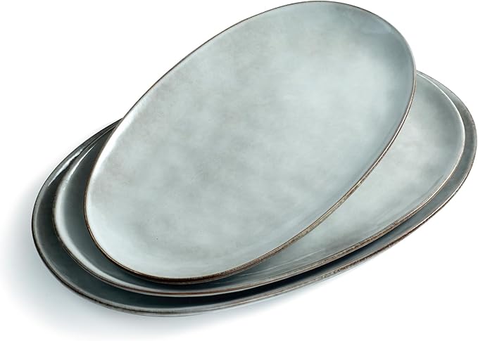 famiware Serving Platter, Oval 15.59/14.3/12.9inch Serving Dishes for Entertaining, Serving Bowls, Reactive Glaze, Stoneware Serving Trays for Party, Food, Turkey, Cheese, Ocean Series, Grey