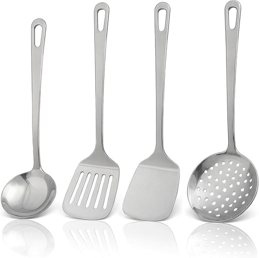4pcs Cooking Utensils Set - Stainless Steel Kitchen Utensils, Heavy Duty Metal Kitchen Tools with Stainless Steel Spatula Solid & Slotted Turner, Ladle, Skimmer, Dishwasher Safe Easy to Clean