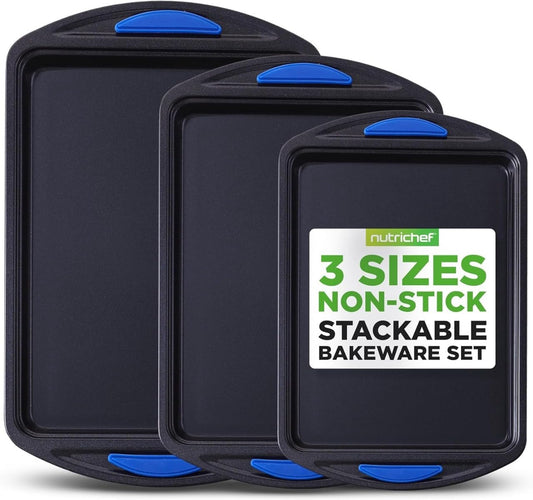 NutriChef 3-Piece Baking Pan Set - Premium Nonstick Carbon Steel Bakeware w/ Silicone Handles - Includes Large, Medium, & Small Pans for Baking & Roasting - PFOA, PFOS, PTFE Free - Gray