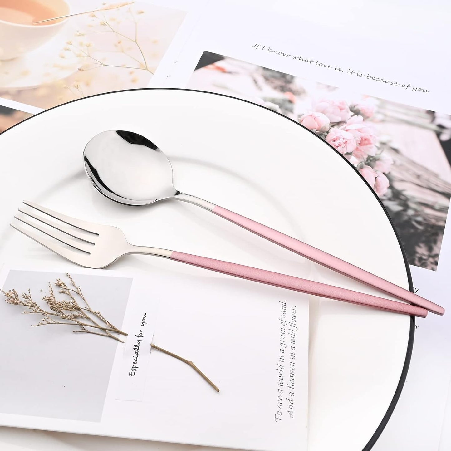 Mirror Cutlery Serving Set, 24-piece 18/0 Stainless Steel Silverware With Pink Handle Simple & Modern Tableware For Home Party Restaurant Christmas Dinner, Service For 6 (Pink Silver)