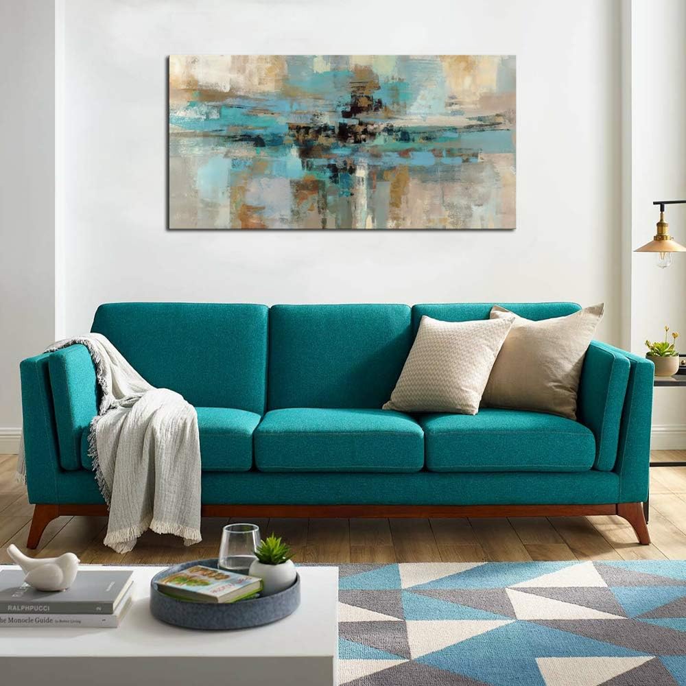 DZL Art A74750 Canvas Prints Abstract Wall Art Print Paintings Blue and Brown Stretched Canvas Wooden Framed for living Room Bedroom and Office Home Decor Artwork