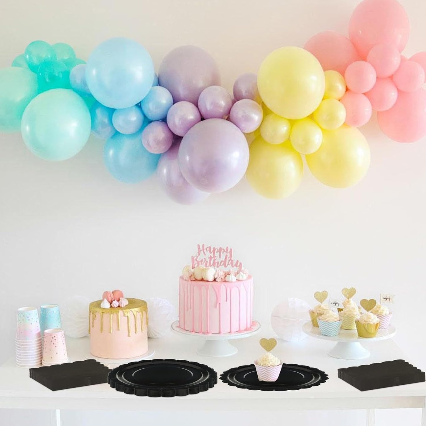 75Pcs Black Paper Plates Set-7 Inch Disposable Halloween Plates Scalloped Black Cute Dessert Dinner Plate Nakpins Forks Birthday Dinnerware Set Party Supplies for Halloween Wedding Table Decor