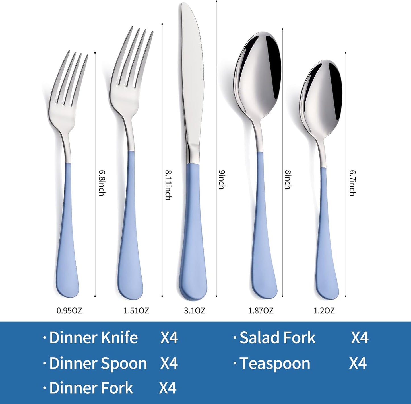 20-Piece Grey Blue Silverware Set, 18/0 Stainless Steel Grey Blue Handle Flatware Set, Service for 4,Modern Cutlery Set Includes Dinner Knives Forks Spoons,Mirror Polished,Dishwasher Safe