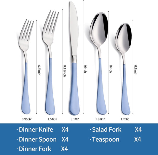 20-Piece Grey Blue Silverware Set, 18/0 Stainless Steel Grey Blue Handle Flatware Set, Service for 4,Modern Cutlery Set Includes Dinner Knives Forks Spoons,Mirror Polished,Dishwasher Safe