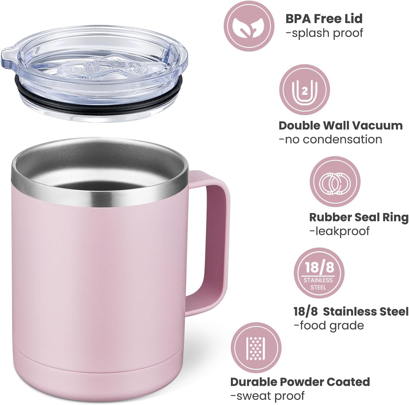 MEWAY 12oz Coffee Mug With Handle and Sliding Lid,Stainless Steel Travel Tumbler Cup with Handle,Double Wall Vacuum Insulated Camping Cup for Hot & Cold Drinks Tea (Pink,Set of 1)